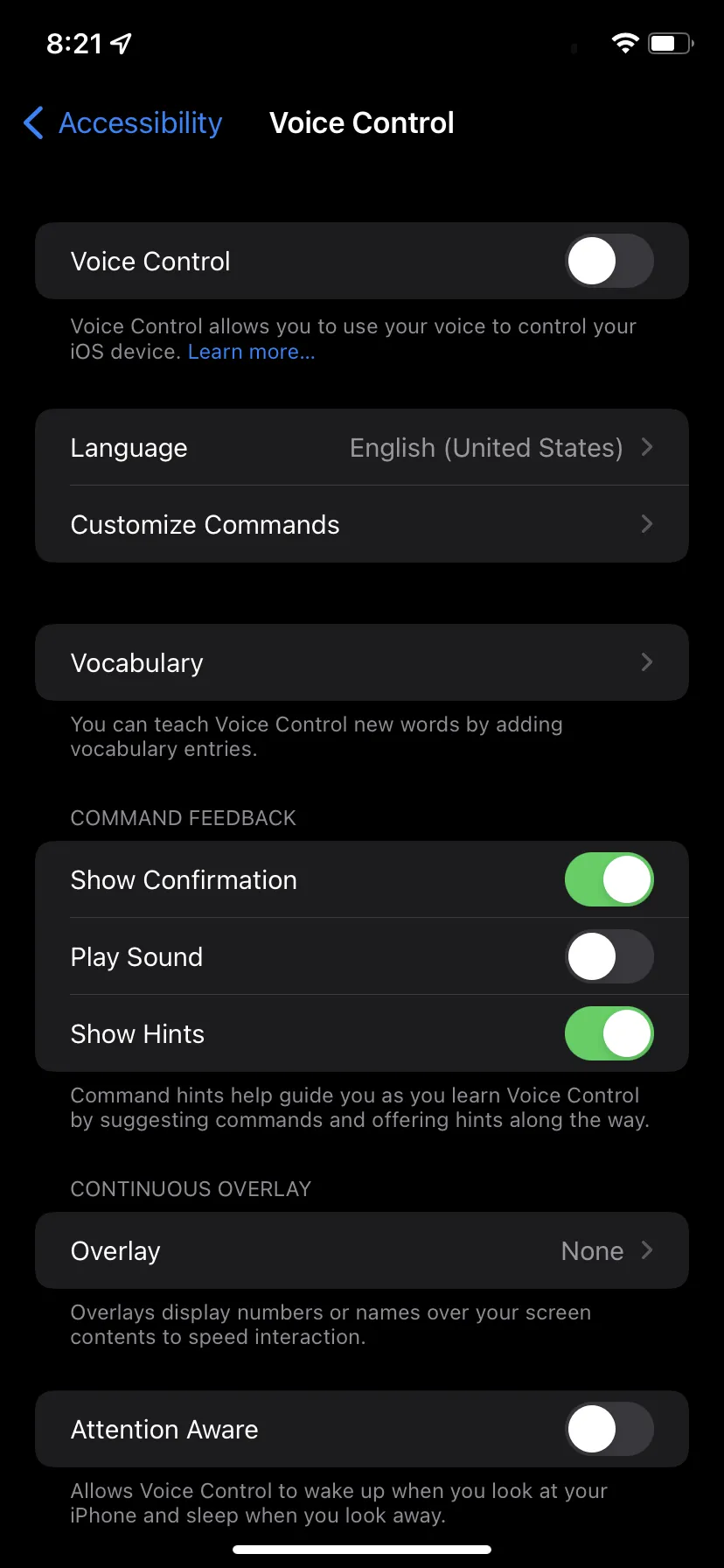 تنظیمات Voise Control 