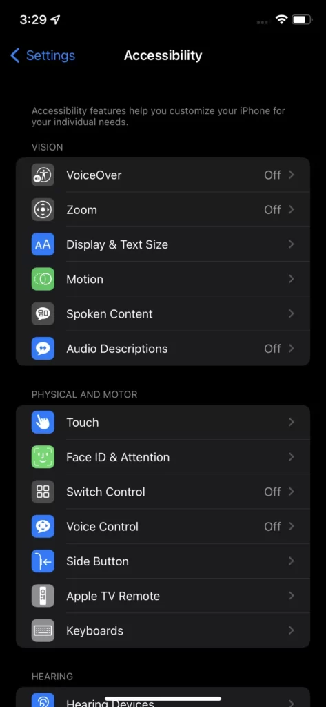 منو Accessibility