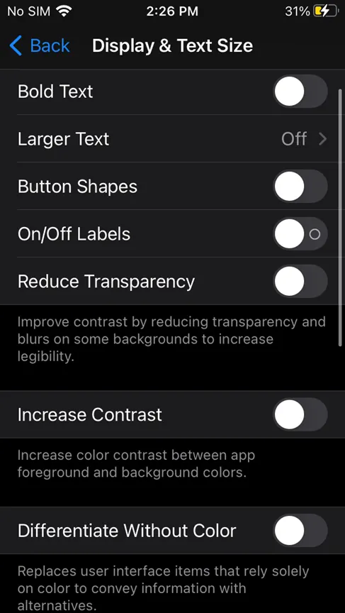 تنظیمات Display & Text Size بخش Vision