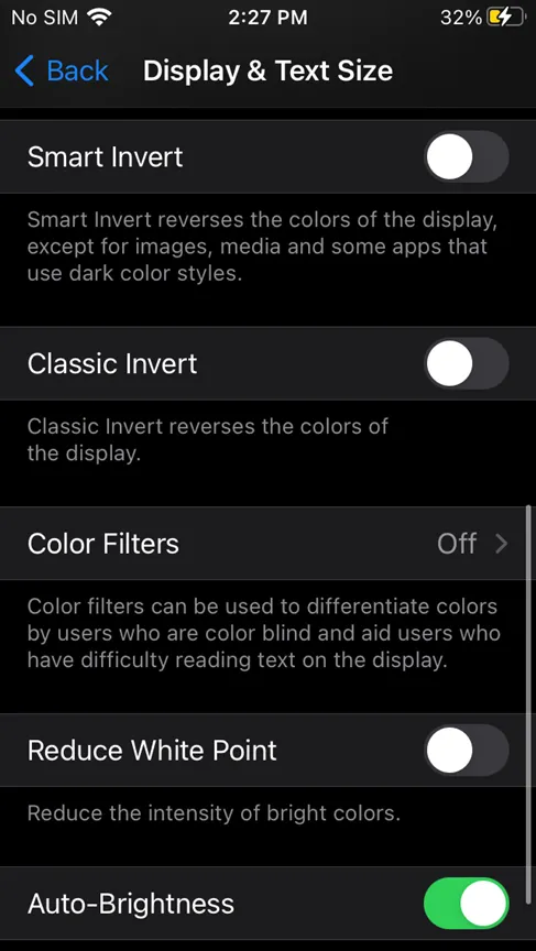 تنظیمات Display & Text Size بخش Vision منو Accessibility