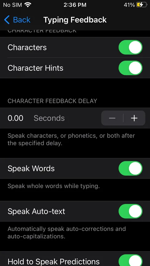 تنظیمات Typing Feedback منو Spoken Content