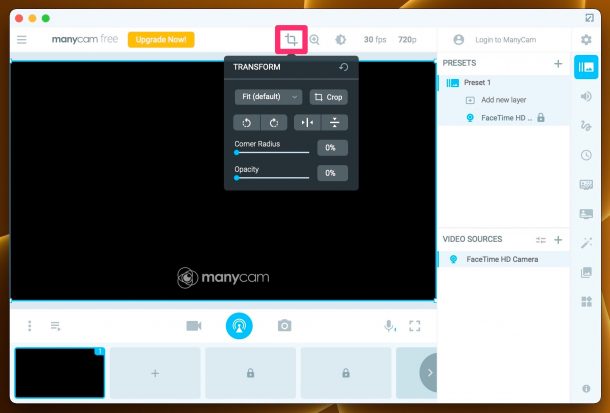 تنظیمات قسمت Transform نرم‌افزار ManyCam